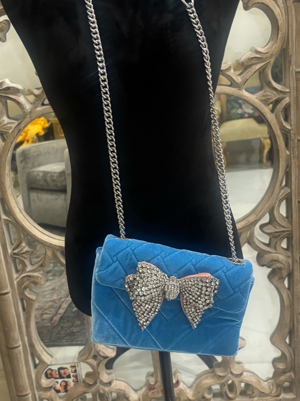 Kurt Geiger Blue Quilted Velvet Crossbody with Crystal Bow